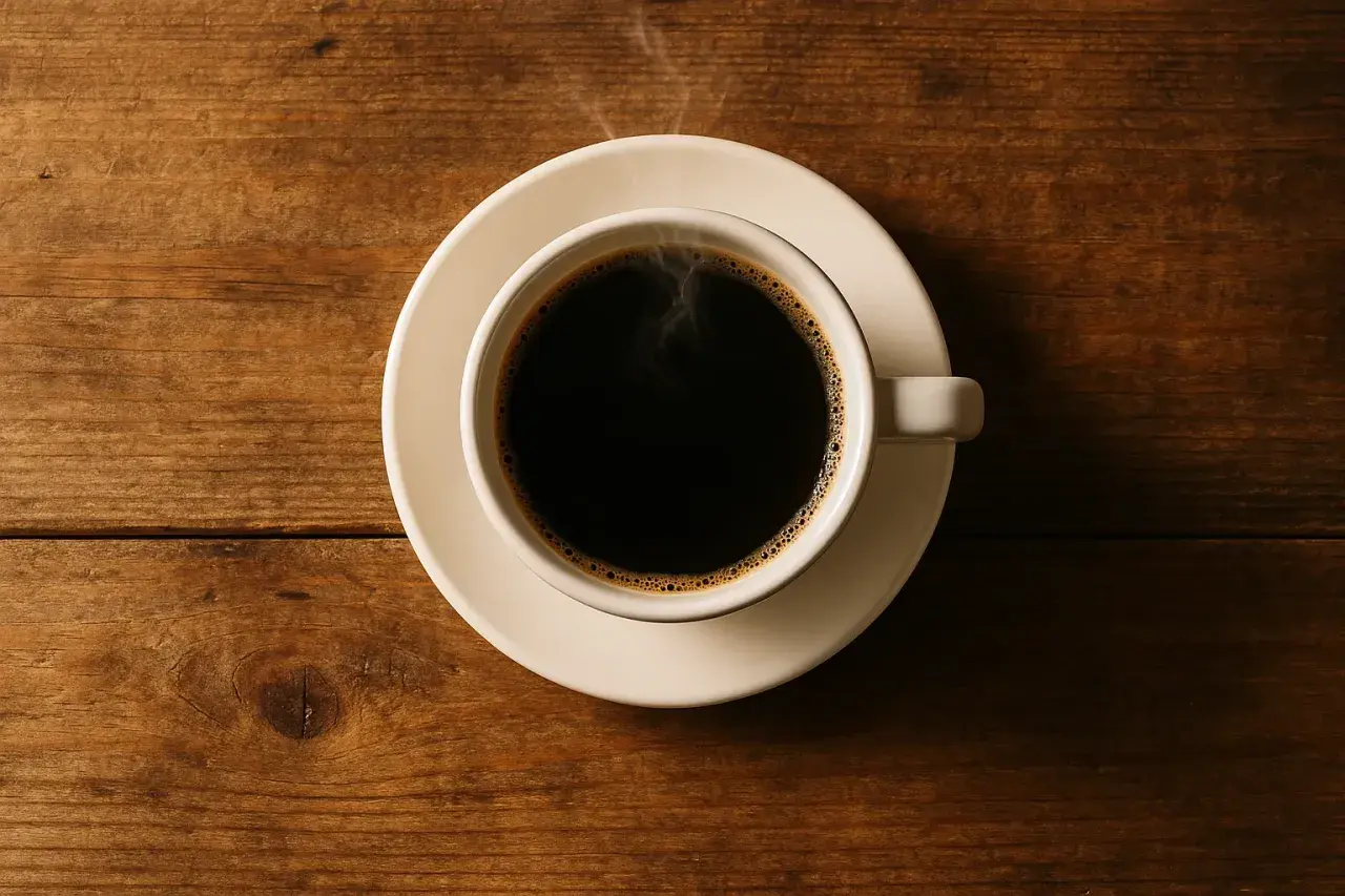 Eine Tasse dampfender schwarzer Kaffee auf einem Holztisch. Schwarzer Kaffee hat kaum Kalorien, perfekt für eine bewusste Ernährung.