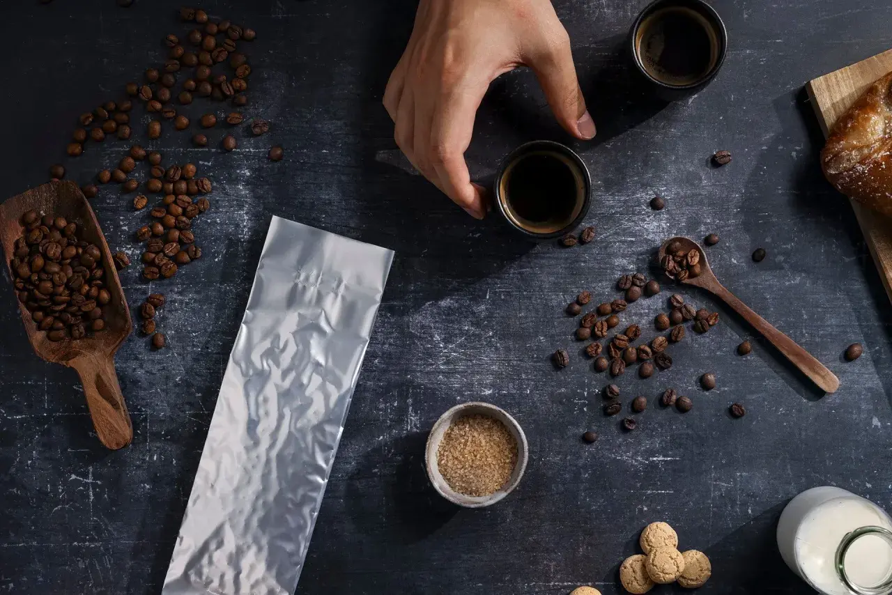 Kaffeebohnen, eine leere Vakuumverpackung für lange Haltbarkeit, Zucker und zwei Espressotassen.