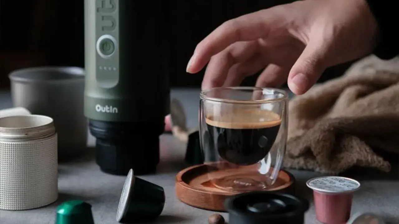 Ein Mann bereitet mit einem Outin-Gerät einen Espresso zu. Er verwendet eine Kapsel und kaltes Wasser für den perfekten instant kaffee.