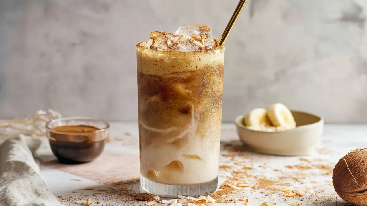 Eisgekühlter Kaffee mit Kokosraspeln und Bananenstückchen. Ein erfrischender Banana Coffee für heiße Tage.