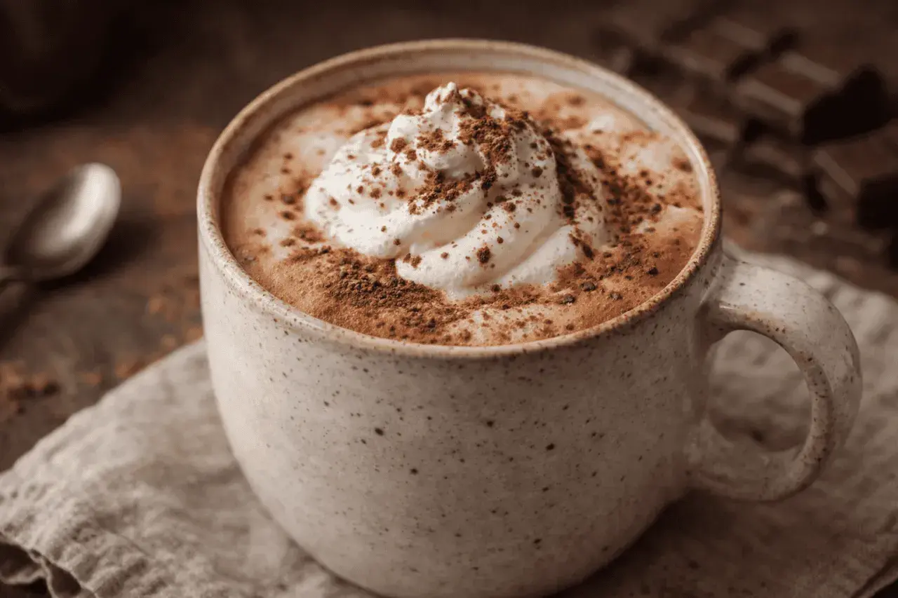 Eine Tasse cremiger Café Mocha mit Sahne und Kakaopulver, bereit zum Genießen.