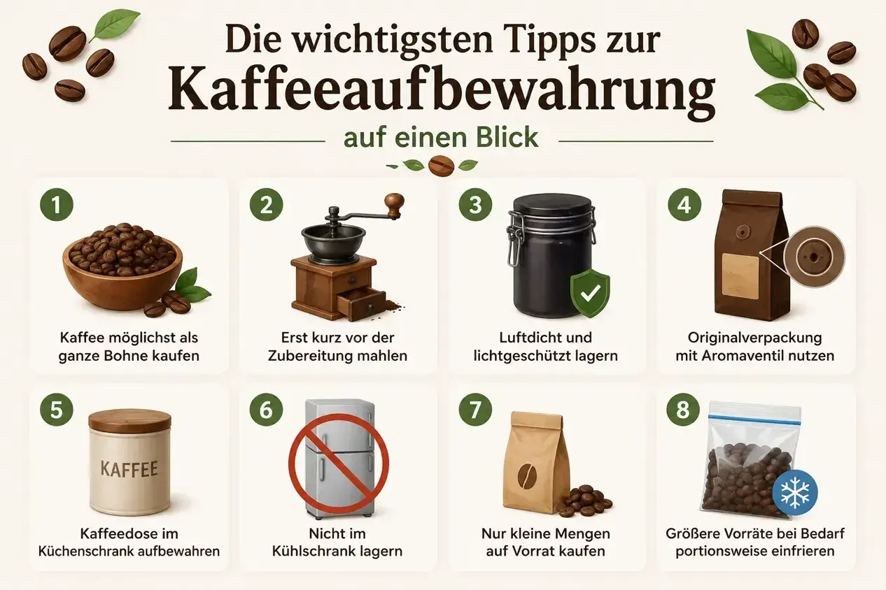 Tipps zur Kaffeeaufbewahrung: ganze Bohnen kaufen, frisch mahlen, luftdicht lagern, nicht im Kühlschrank. So bleiben die Bohnen lange frisch.