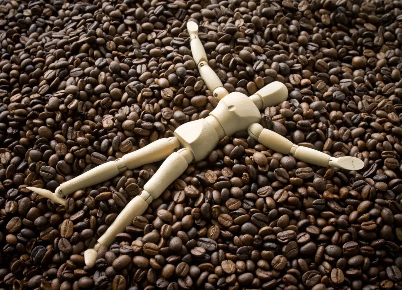Holzfigur liegt auf einem Berg gerösteter Kaffeebohnen. Sieht aus, als würde sie die Kaffeebohnen kauen.