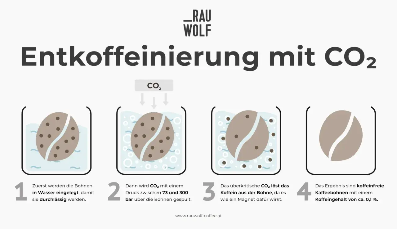 Entkoffeinierung mit CO₂: Bohnen werden erst in Wasser gelegt, dann mit CO₂ gespült, um Koffein zu lösen. Ergebnis: koffeinfreier Kaffee.