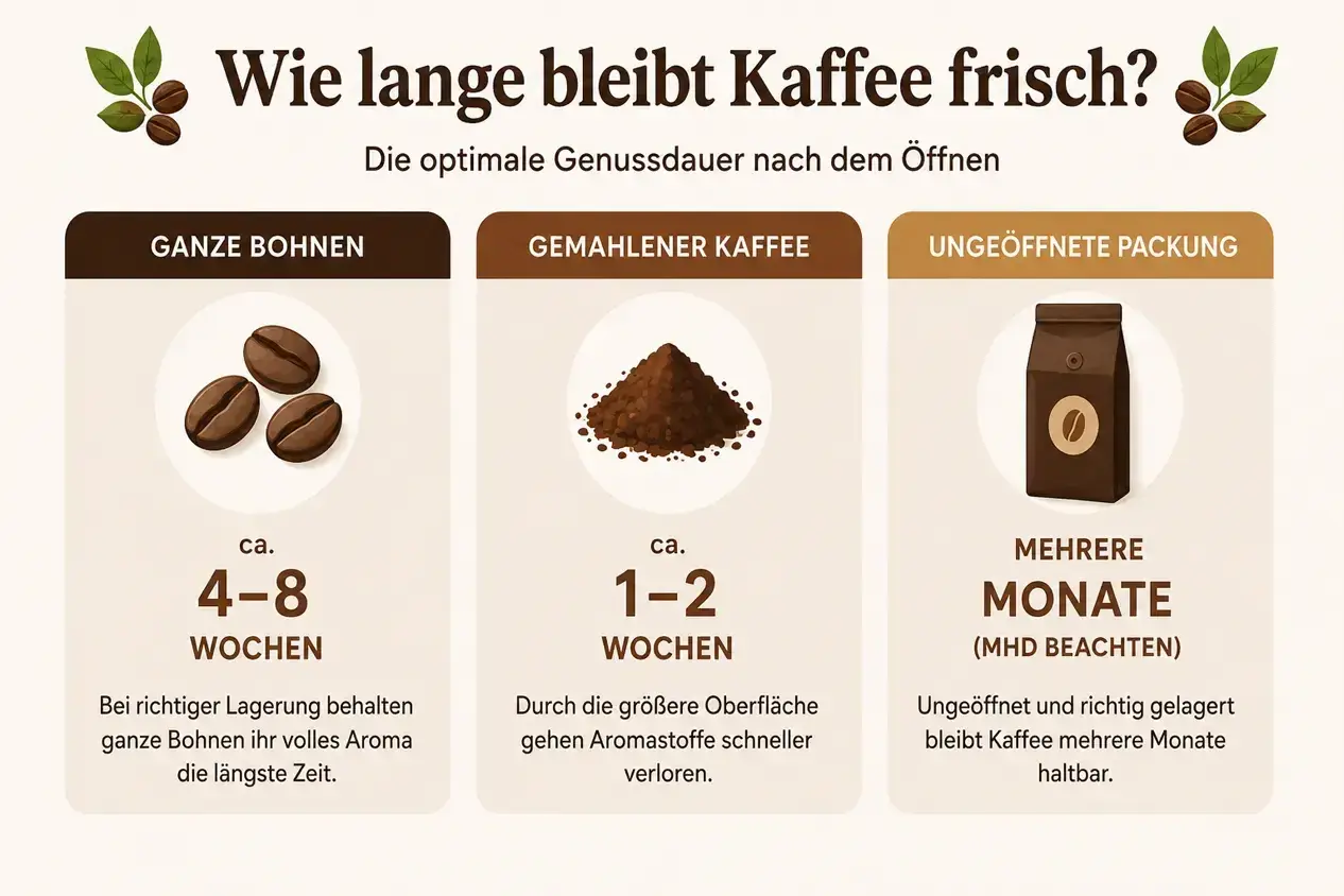Ganze Kaffeebohnen bleiben bei richtiger Lagerung 4-8 Wochen frisch. Gemahlener Kaffee nur 1-2 Wochen. Ungeöffnete Packungen halten Monate.