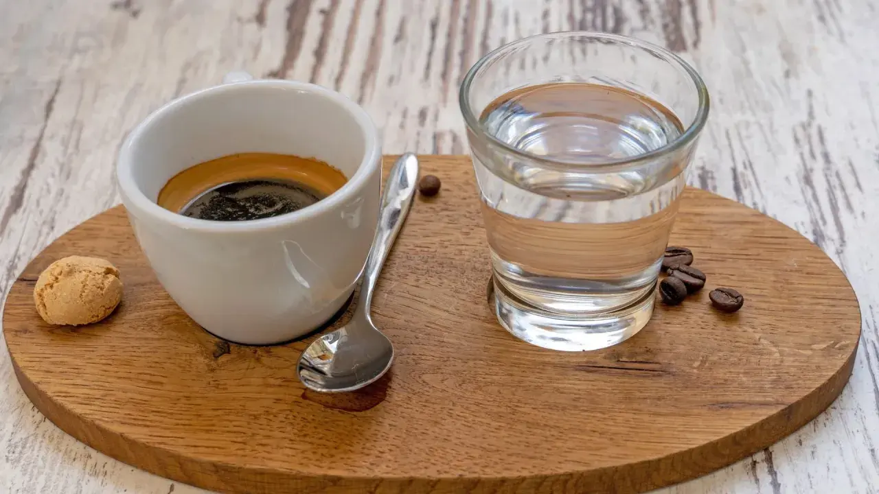 Ein Espresso mit einem Glas Wasser, einem Keks und Kaffeebohnen. Das Wasser ist wichtig, um den Gaumen zu reinigen und den vollen Geschmack des Espressos zu genießen.