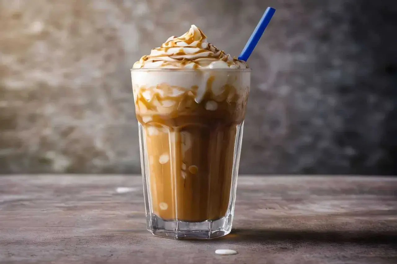 Ein erfrischender iced caramel macchiato mit Sahne und Karamellsauce, bereit zum Genießen.