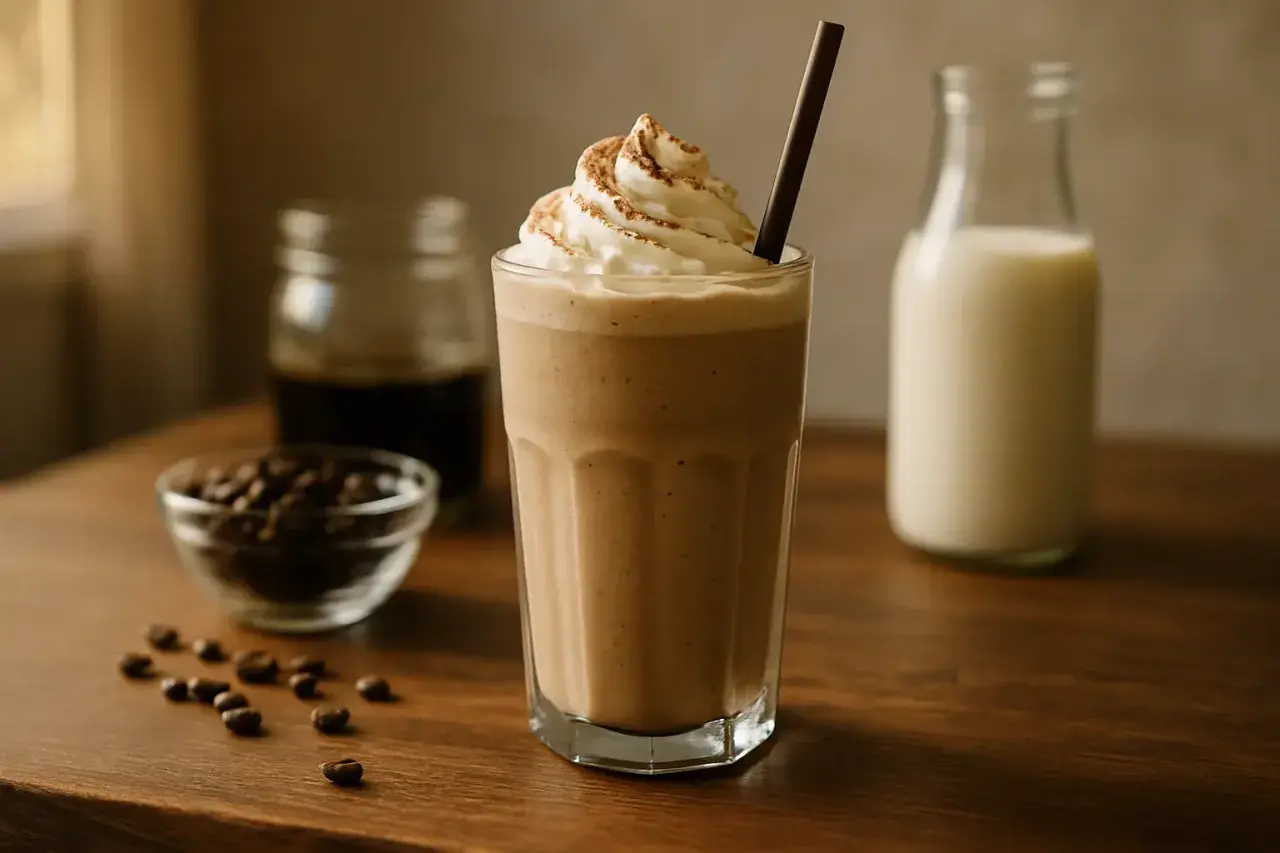 Ein cremiger Kaffee Milchshake mit Sahnehaube und Kakaopulver, daneben Kaffeebohnen und Milch.