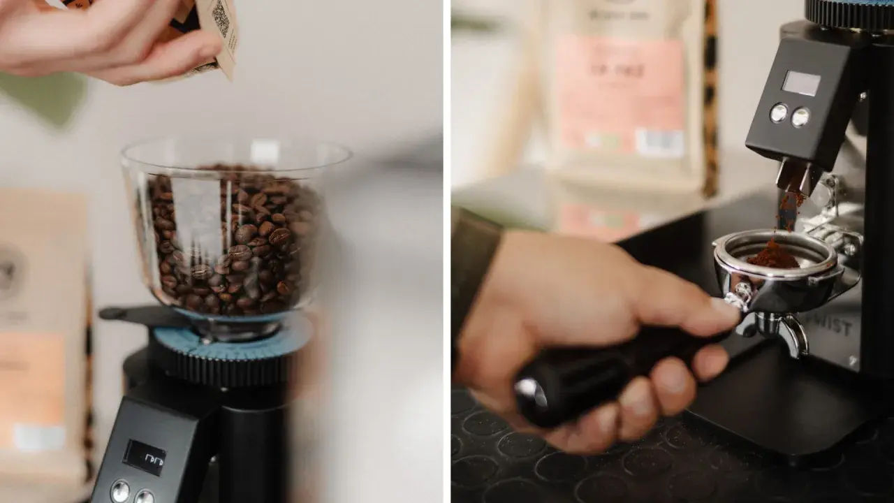Kaffee schmeckt sauer vollautomat. Frische Bohnen werden gemahlen, um den perfekten Espresso zuzubereiten.