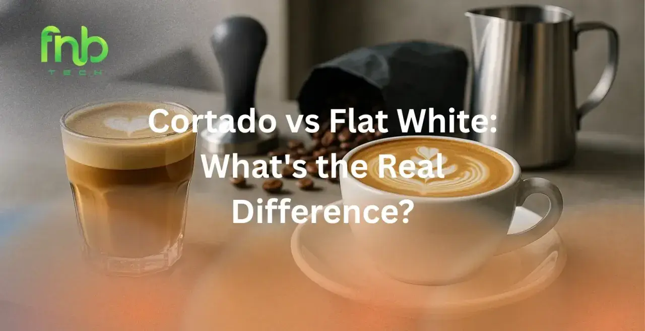 Zwei Kaffeegetränke, ein Cortado im Glas und ein Flat White in Tasse, zeigen den Unterschied zwischen Cortado vs Flat White.