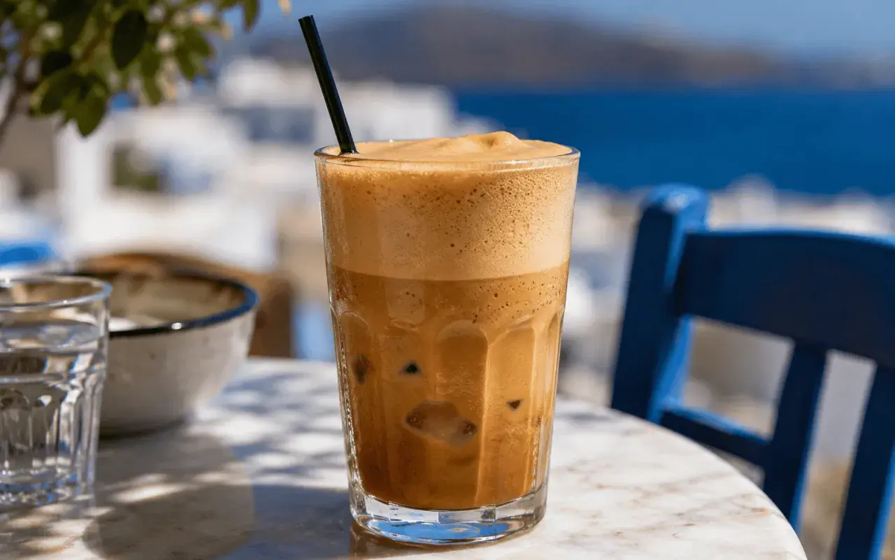Eisgekühlter Frappe mit viel Schaum, perfekt zum frappe selber machen an einem sonnigen Tag.