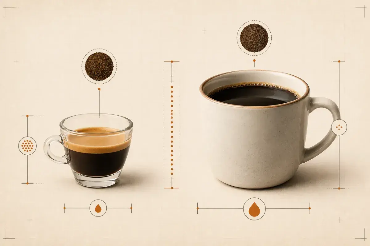 Vergleich: kleiner Espresso mit Crema und großer Kaffee. Der Unterschied zwischen Americano und Kaffee wird hier visuell erklärt.