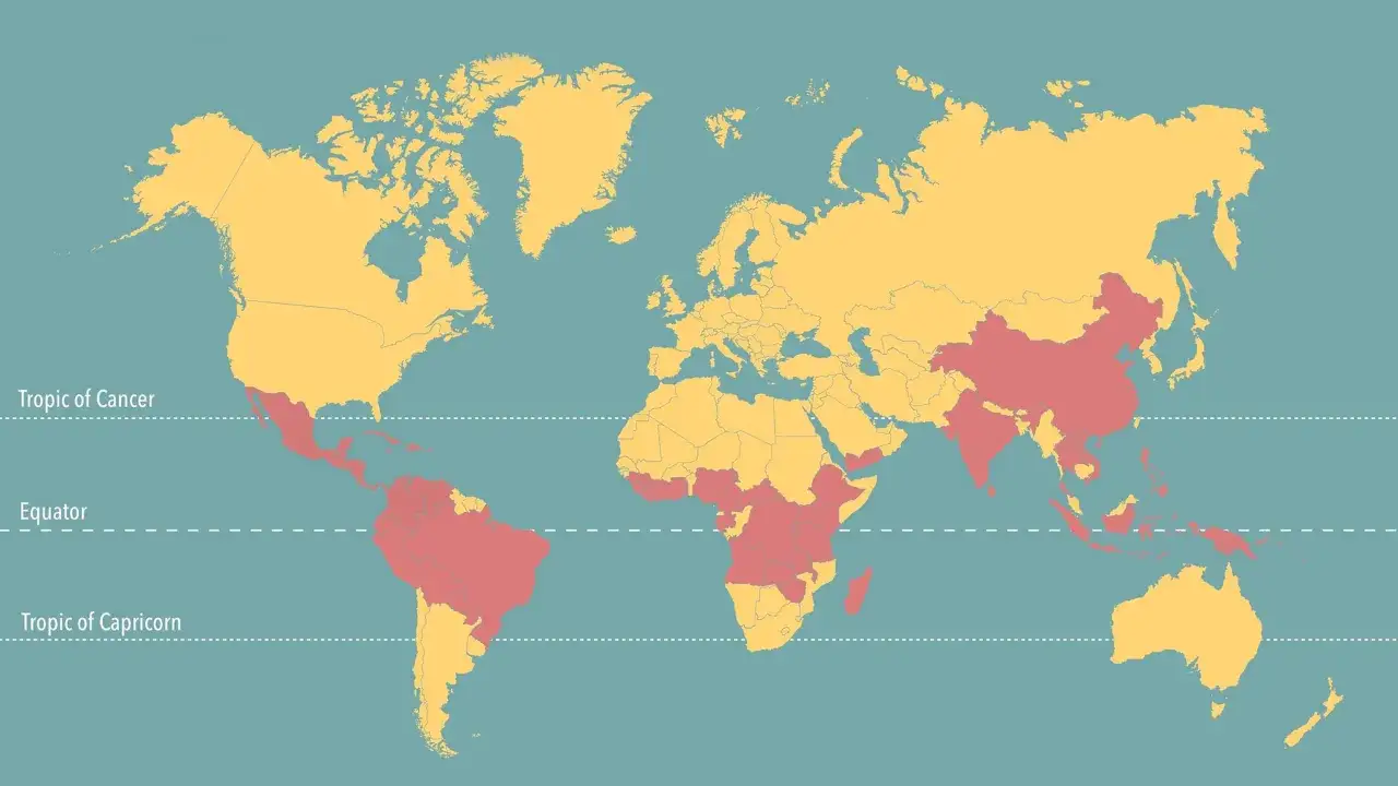 Karte zeigt Regionen, wo wachsen Kaffeebohnen: Mittelamerika, Südamerika, Afrika und Asien, hauptsächlich zwischen den Wendekreisen.