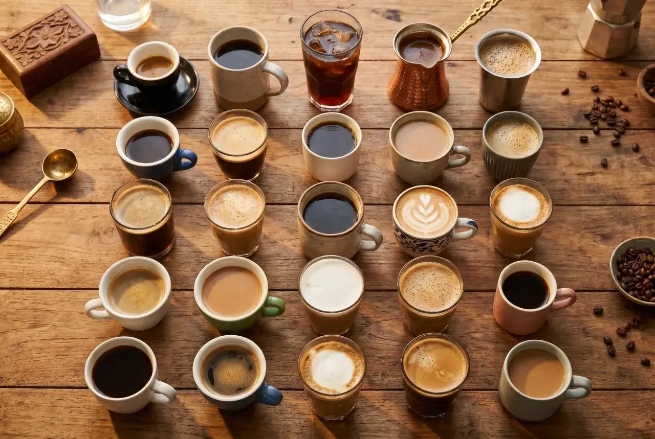 Vielfalt an Espresso-Varianten in verschiedenen Tassen und Gläsern auf Holztisch.