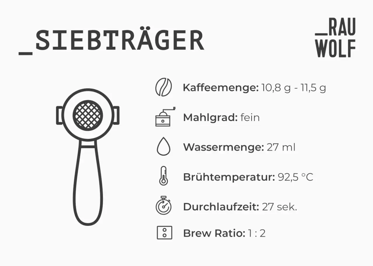 Siebtr&auml;ger-Anleitung: 10,8g Kaffee, fein gemahlen, 27ml Wasser, 92,5&deg;C, 27 Sek. Durchlaufzeit. Brew Ratio 1:2. So wird der Espresso zu sauer vermieden.
