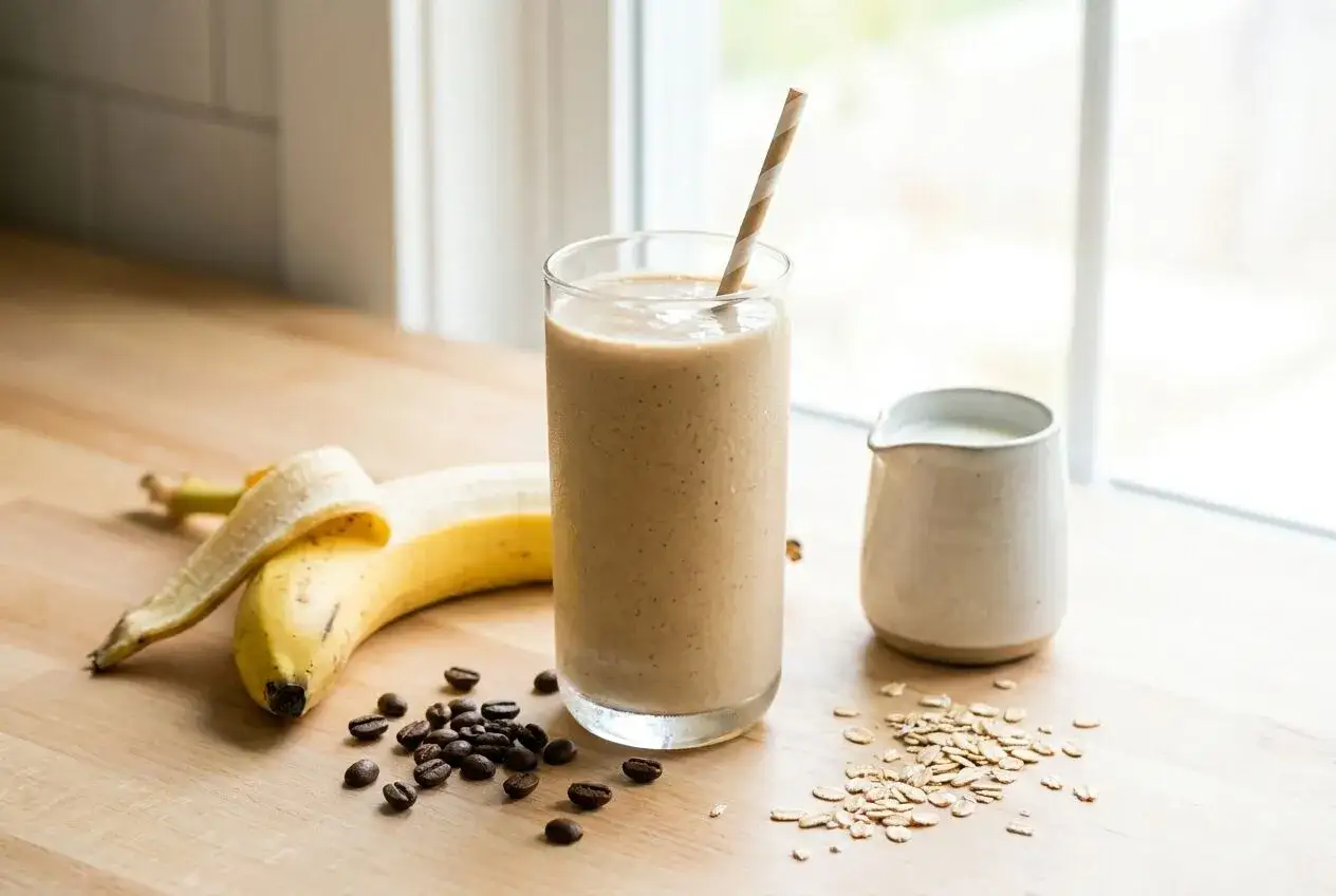 Ein cremiger Kaffee Milchshake mit Banane, Haferflocken und Kaffeebohnen auf einem Holztisch.