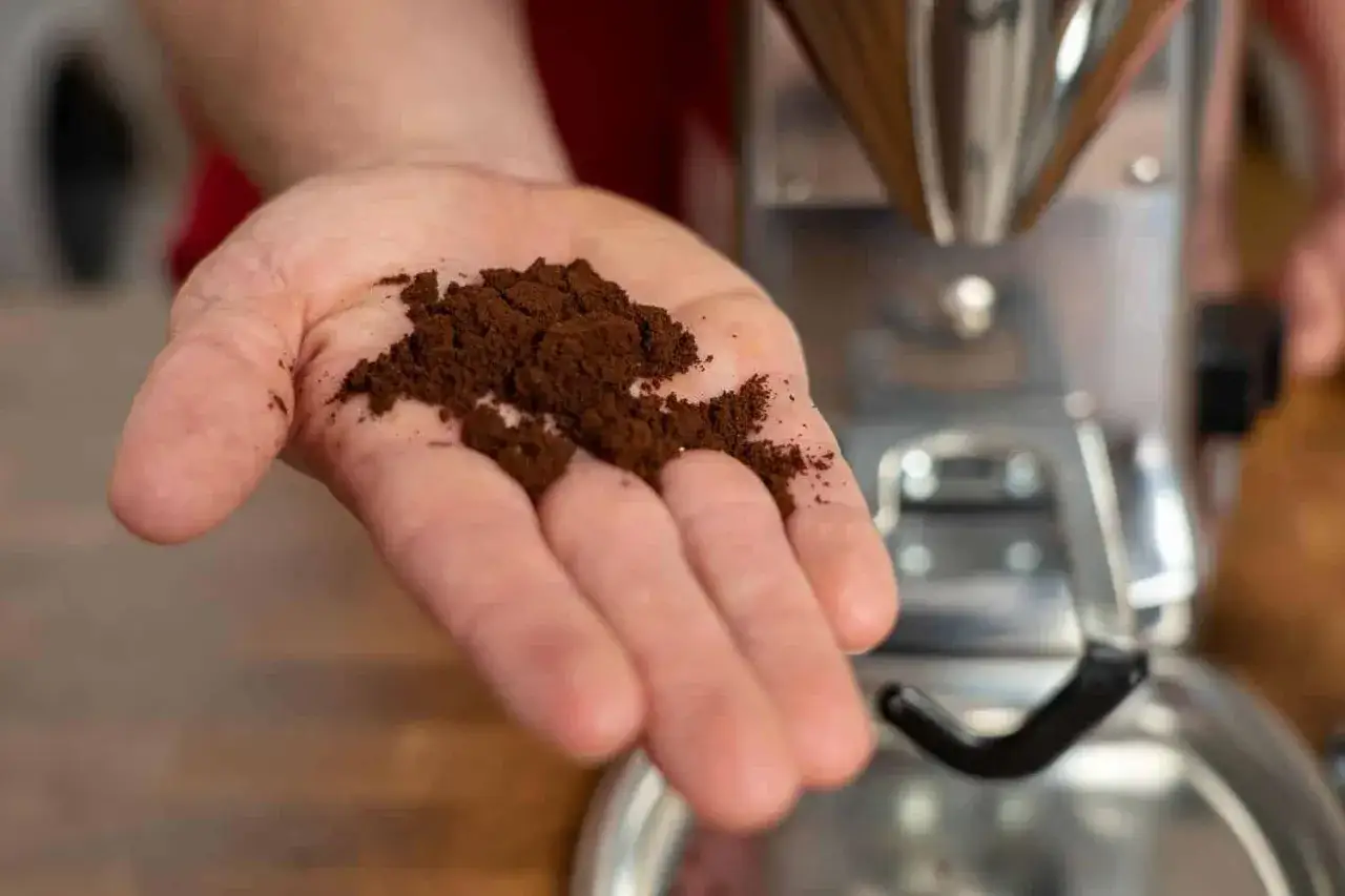 Fein gemahlener Kaffee liegt in einer Hand, bereit für den Kaffeevollautomaten. Der Mahlgrad ist perfekt für ein vollmundiges Aroma.