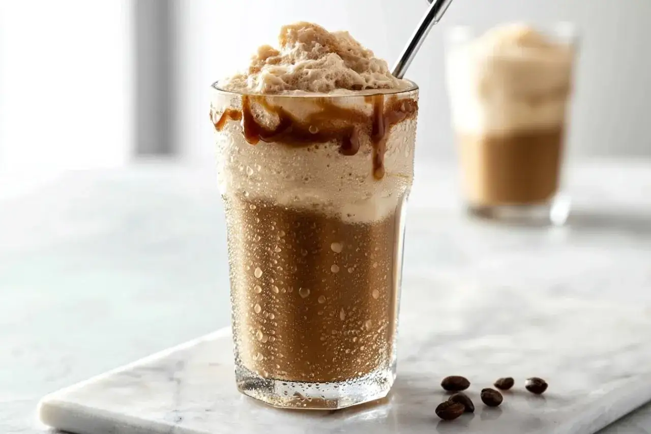 Ein erfrischender Frappuccino mit Karamell-Drizzle, inspiriert von Starbucks Rezepten.