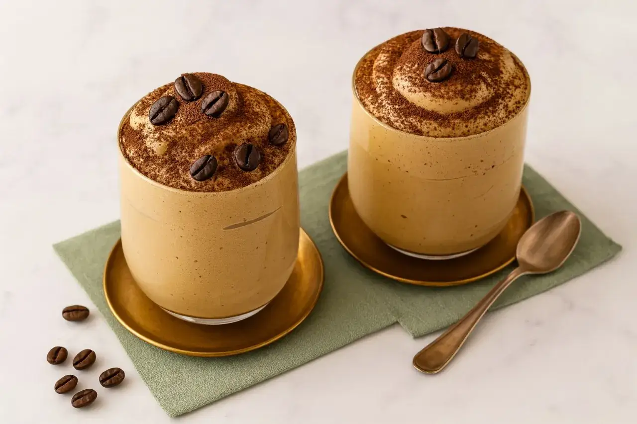 Zwei Gläser mit cremigem Kaffee-Dessert, garniert mit Kaffeebohnen und Kakaopulver. Zeigt, was man mit Kaffeebohnen machen kann: köstliche Süßspeisen.