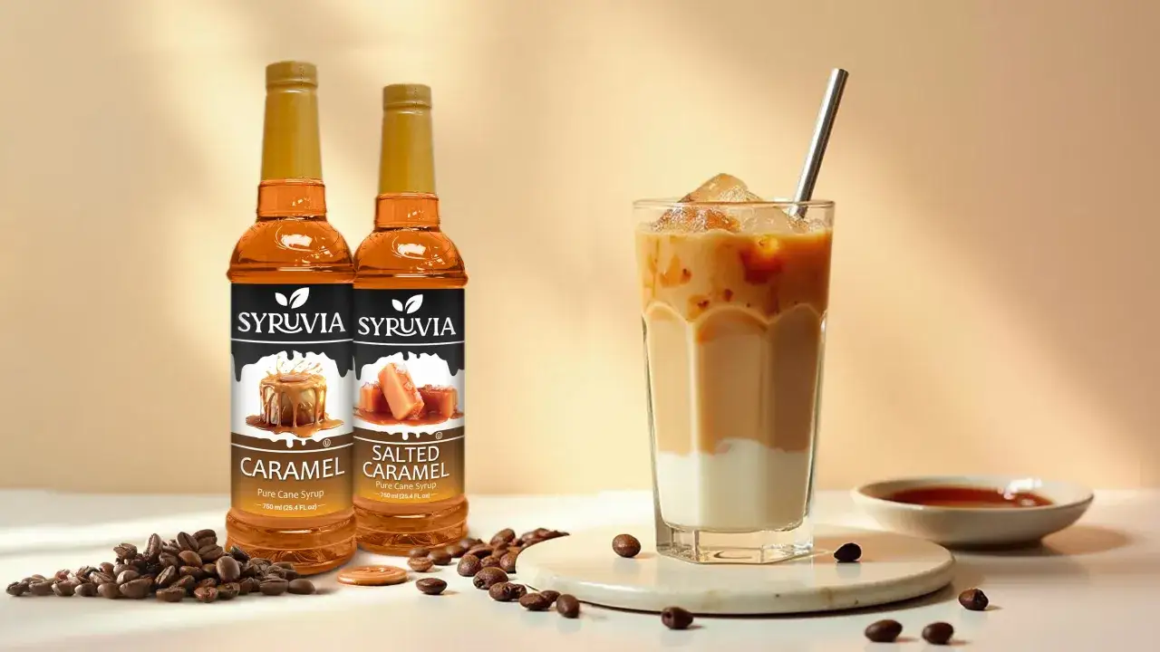 Zwei Flaschen Karamell- und gesalzenes Karamell-Kaffeesirup von Syruvia, daneben ein Eiskaffee. Perfekt f&uuml;r die Kaffeesirup Verwendung.