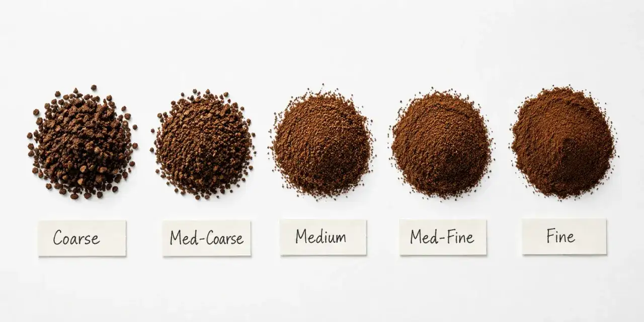 Fünf Haufen Kaffeepulver zeigen verschiedene Mahlgrade für Filterkaffee: grob, mittelgrob, mittel, mittel-fein und fein.