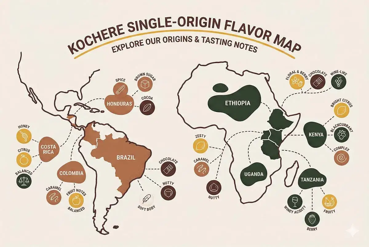 Kaffee-Aroma-Karte: Entdecken Sie, dass man Kaffeebohnen essen kann, mit Noten wie Schokolade, Nuss und Frucht aus Brasilien, Kolumbien und Äthiopien.