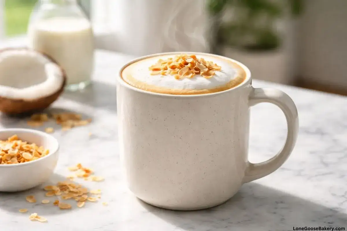 Ein dampfender Kokosnuss-Latte in einer cremefarbenen Tasse, garniert mit ger&ouml;steten Kokosflocken. Daneben eine Kokosnussh&auml;lfte und eine Flasche Milch.