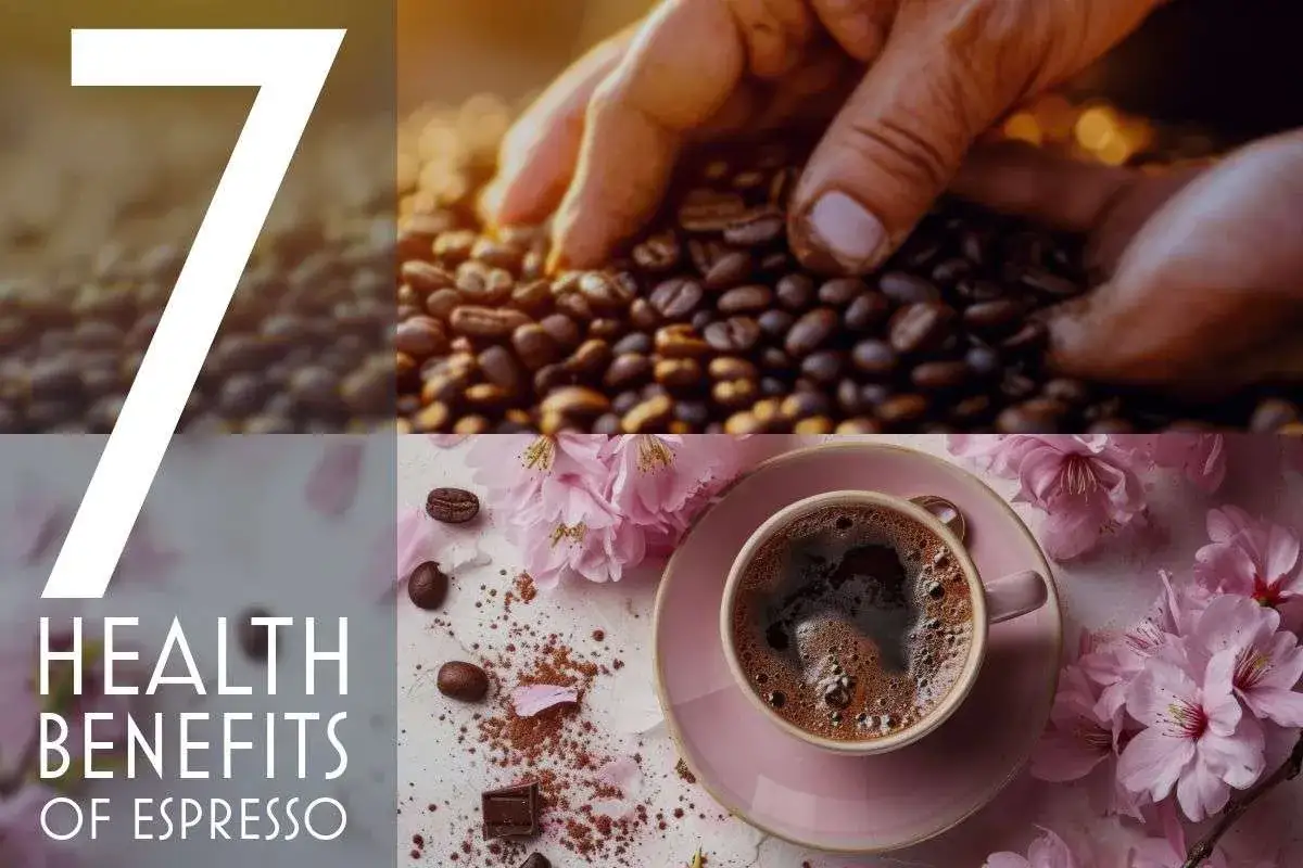 7 gesundheitliche Vorteile von Espresso: Eine Tasse dampfender Espresso, umgeben von Kaffeebohnen und Kirschbl&uuml;ten, zeigt, ist Espresso gesund.