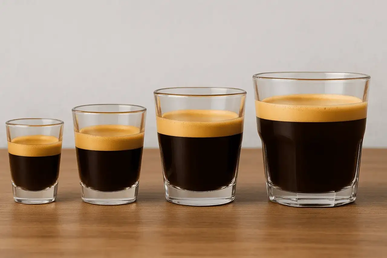 Vier Gläser mit Espresso, von klein nach groß. Der kleinste ist ein Ristretto, gefolgt von einem Espresso, einem Lungo und einem Kaffee.