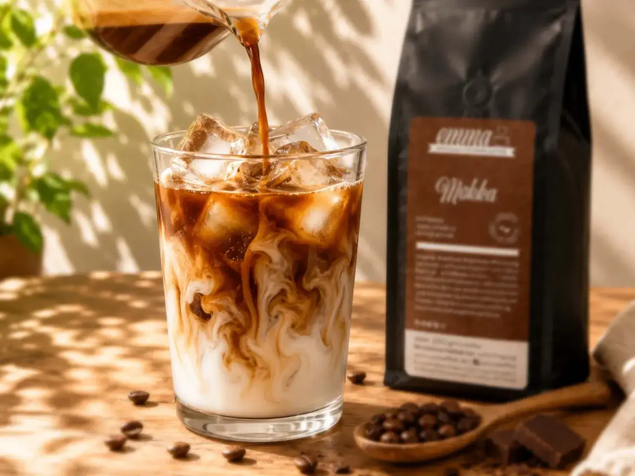 Ein erfrischender iced americano wird in ein Glas mit Eiswürfeln gegossen. Daneben steht eine Packung 