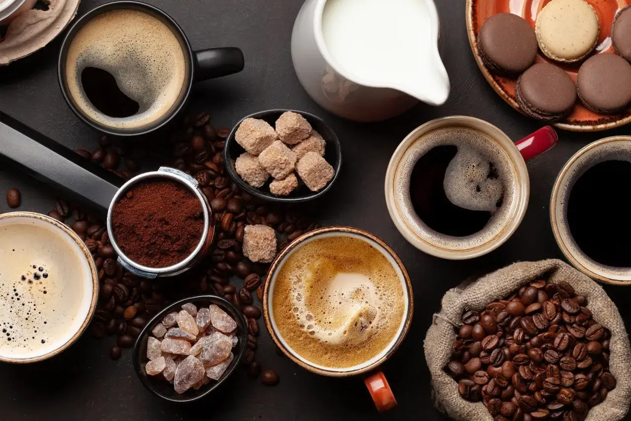 Kaffee, Zuckerw&uuml;rfel, Macarons und ein Krug Milch. Alles, was man f&uuml;r einen perfekten Kaffee braucht.