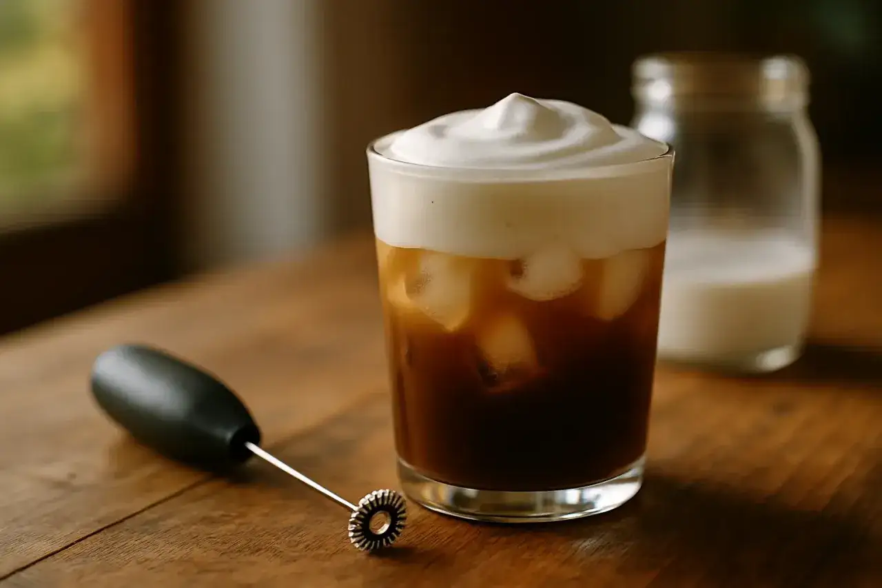 Ein erfrischender kalter Cappuccino mit Eisw&uuml;rfeln und cremigem Milchschaum, daneben ein Milchfl&auml;schchen und ein Milchaufsch&auml;umer.