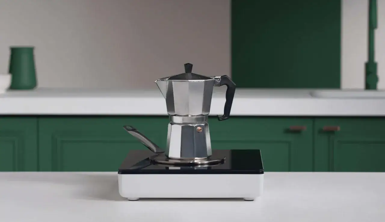 Bialetti Zubereitung: Eine Espressokanne steht auf einem Induktionskochfeld. Der Kaffee wird bald fertig sein.