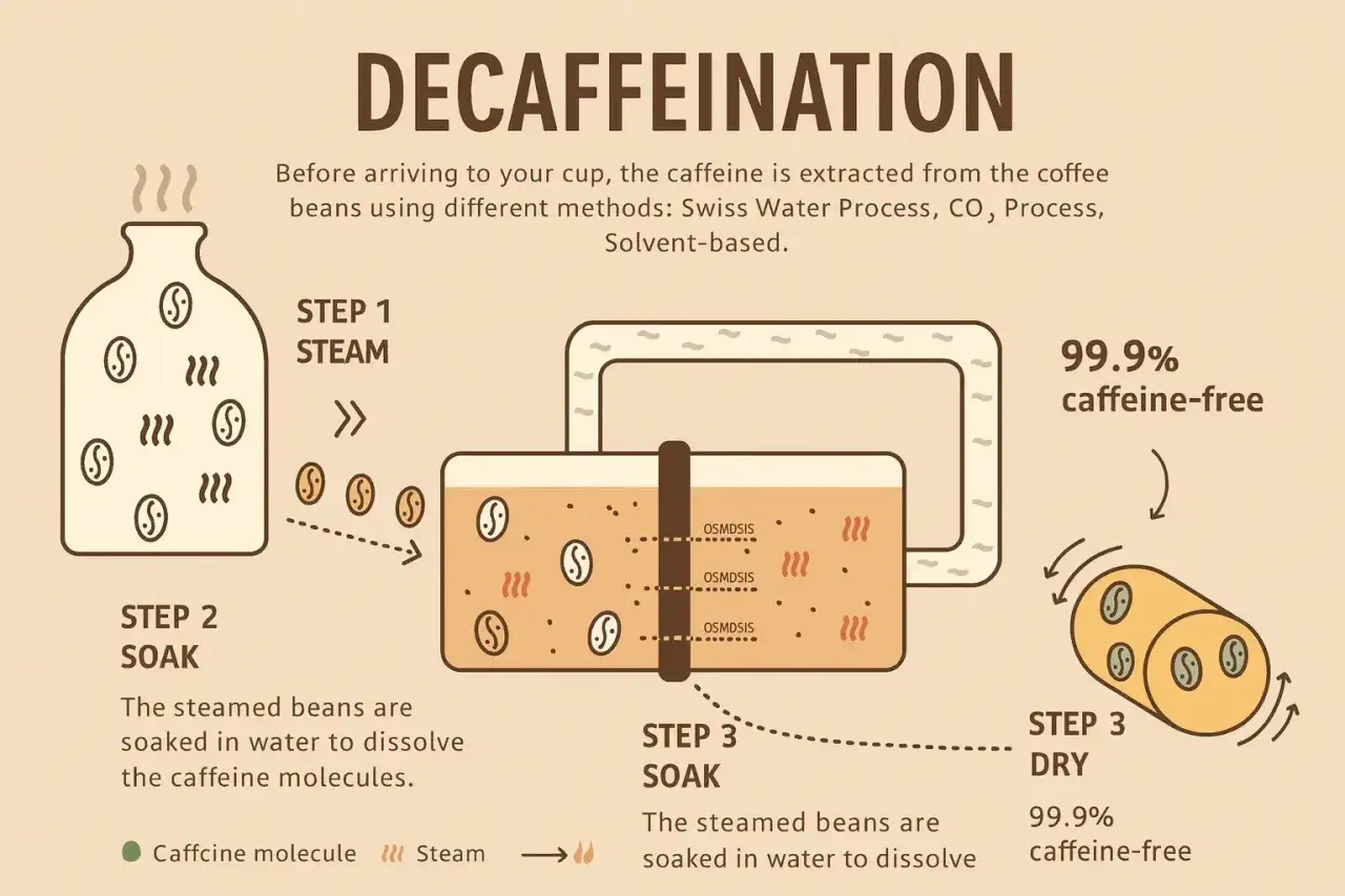 Entkoffeinierter Kaffee: Dampfen, Einweichen, Trocknen. Der Prozess entfernt 99,9% Koffein, was ihn nicht ungesund macht.