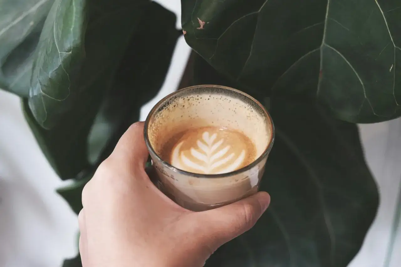 Hand hält einen Cappuccino mit Latte Art, der belebende Koffein-Kick für den Tag.