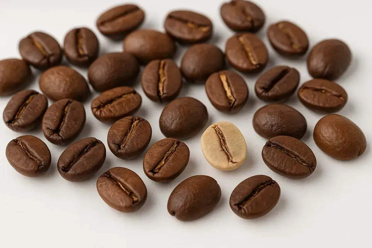 Ein heller Kaffeebohnen-Ausschuss sticht aus einer Gruppe ger&ouml;steter Bohnen hervor.