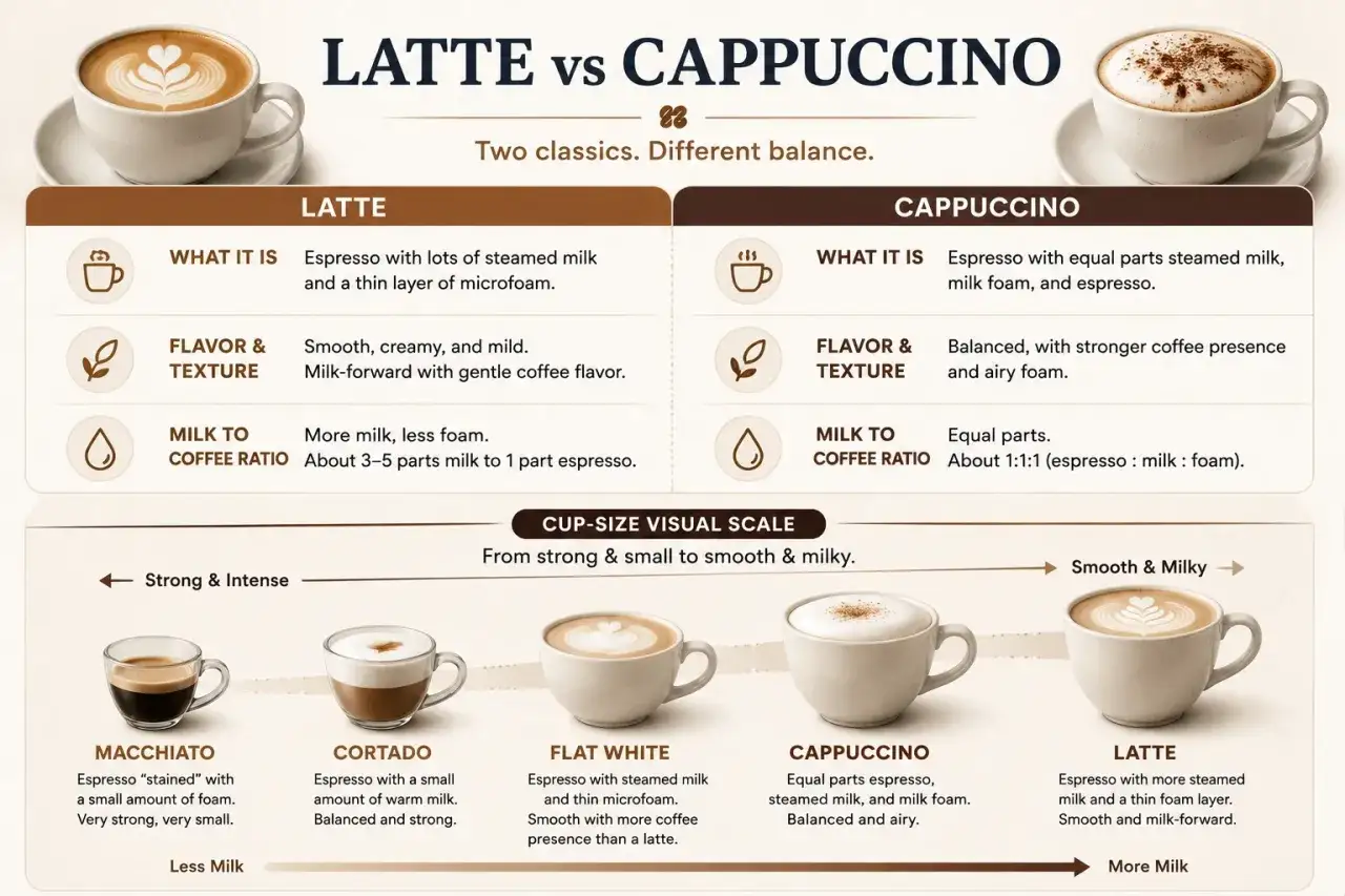 Vergleich von Latte und Cappuccino: Zutaten, Geschmack, Milch-Kaffee-Verh&auml;ltnis. Informationen zu Cappuccino Kalorien sind hier nicht direkt aufgef&uuml;hrt, aber das Verh&auml;ltnis von Milch zu Espresso gibt Hinweise.