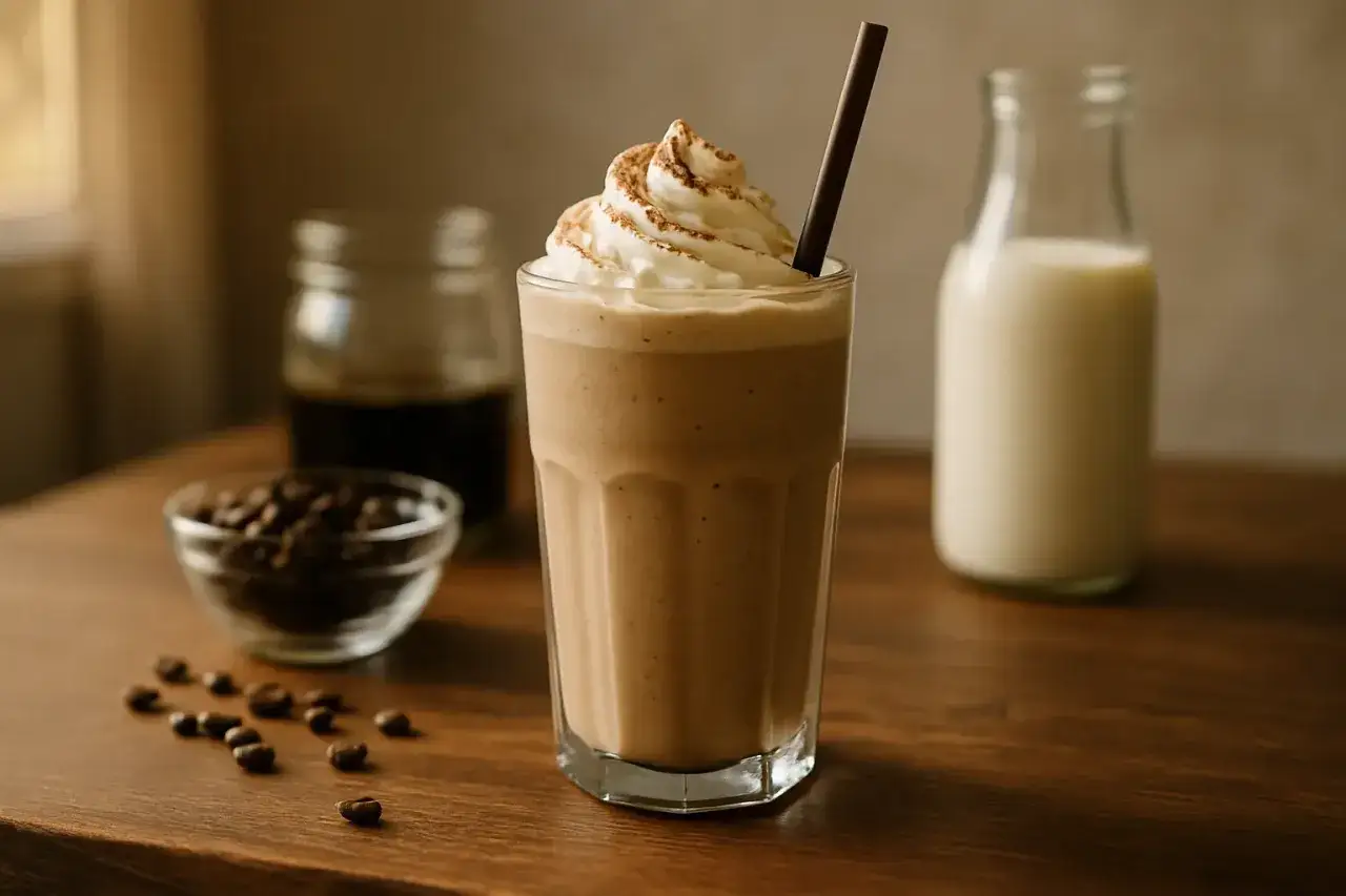 Ein cremiger Kaffee Shake mit Sahnehaube und Kakaopulver, daneben Kaffeebohnen, Kaffee und Milch.