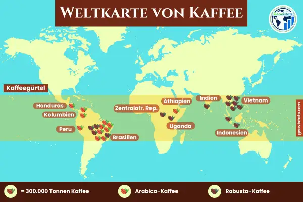 Weltkarte zeigt, wo wachsen kaffeebohnen: Kaffee-Gürtel in Südamerika, Afrika und Asien. Länder wie Brasilien, Kolumbien, Äthiopien, Vietnam.