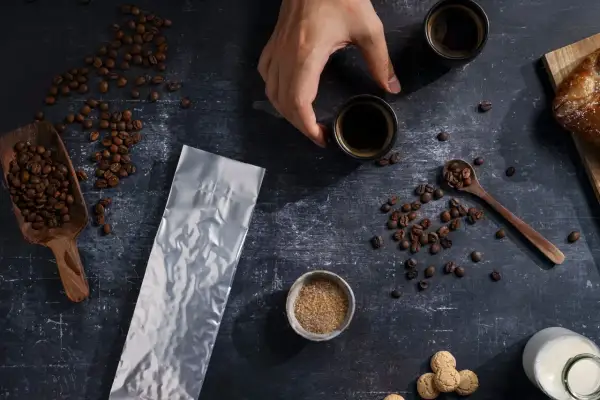 Kaffeebohnen, eine leere Vakuumverpackung für lange Haltbarkeit, Zucker und zwei Espressotassen.