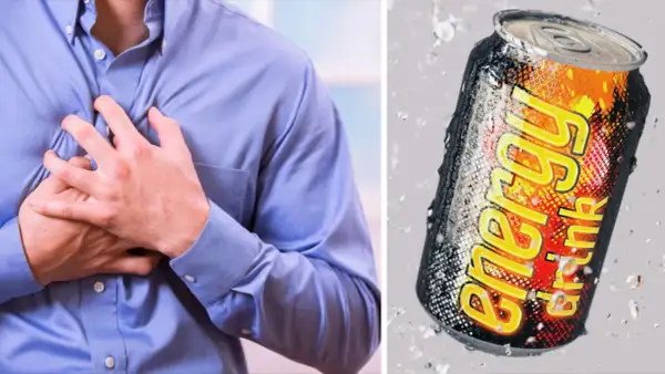Mann hält sich die Brust, dane eine Dose Energydrink. Wie viel Koffein um wach zu werden?