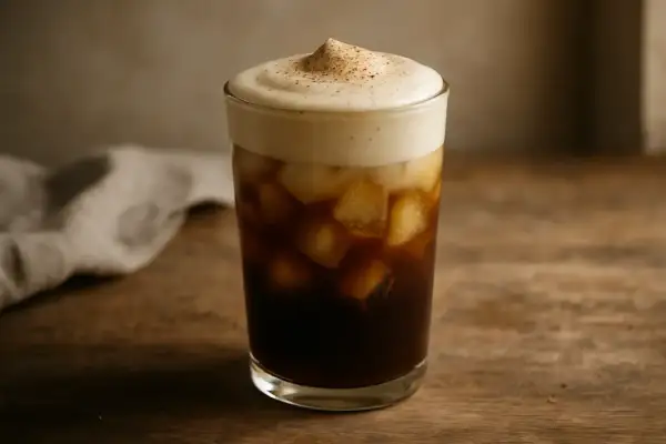 Ein erfrischender Eiskaffee mit Vanille und cremigem Schaum, perfekt für heiße Tage.