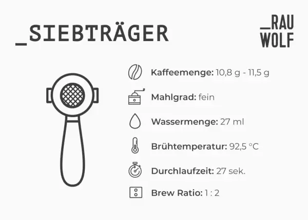 Siebträger-Espresso: feiner Mahlgrad für perfekte Crema, 10,8-11,5g Kaffee, 27ml Wasser, 92,5°C, 27 Sek.
